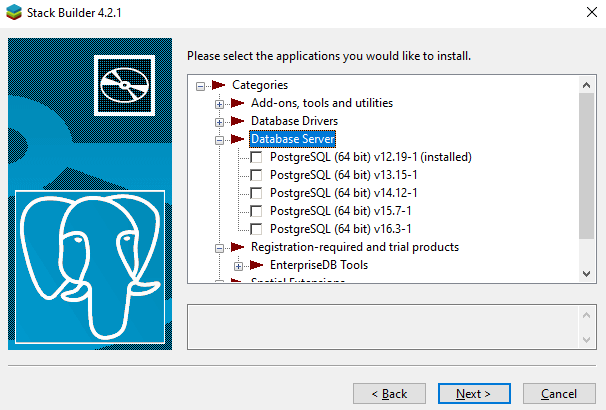 postgresql upgrade wizard stack builder select database server version